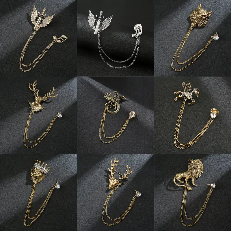 Men's Popular Classic Owl & Lion Lapel Pin with Chain for Stylish Men's Suits Wholesale Brooches BC-1002