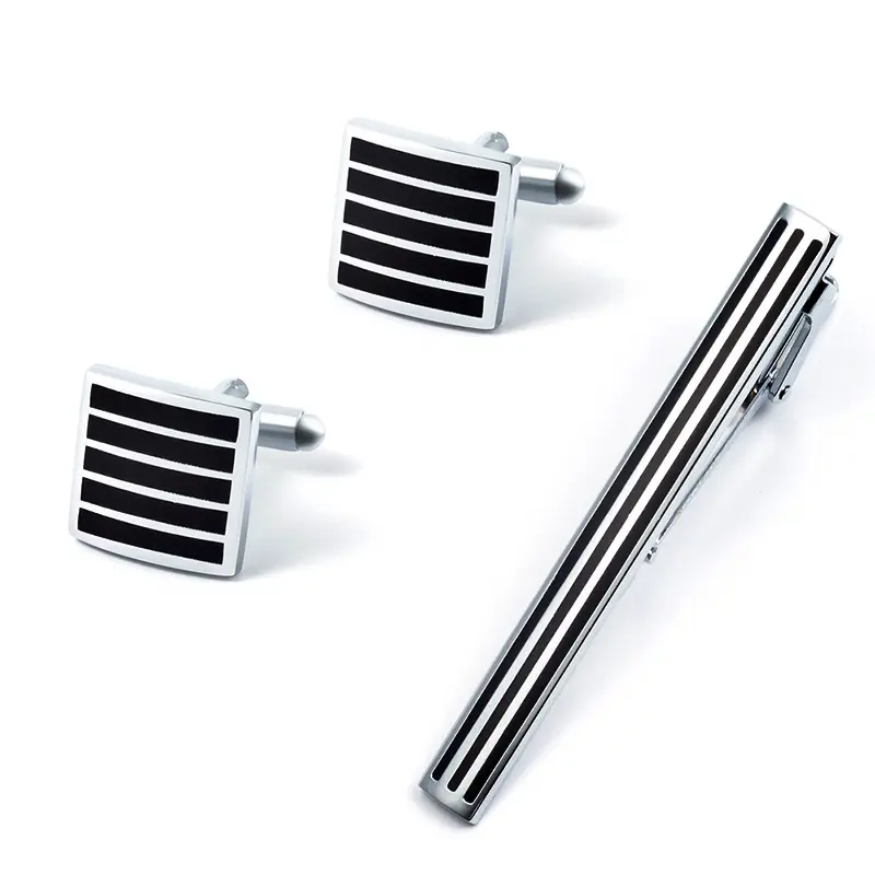 High-Grade Silver Black Stripe Cufflinks & Tie ...