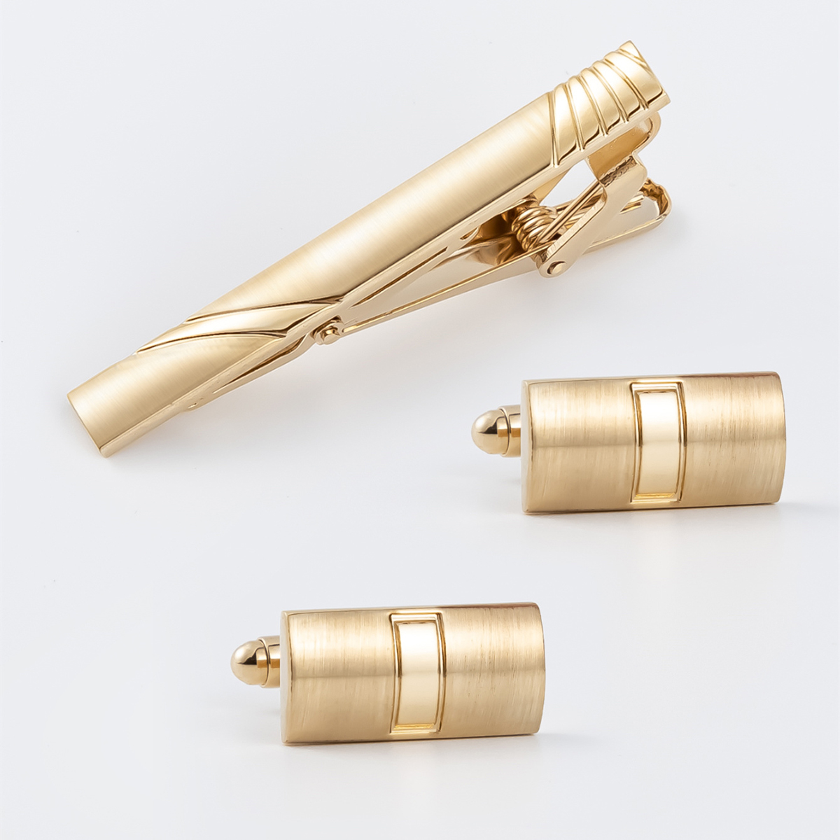 Brushed Gold Tie Clip & Cufflinks Set Elegant M...