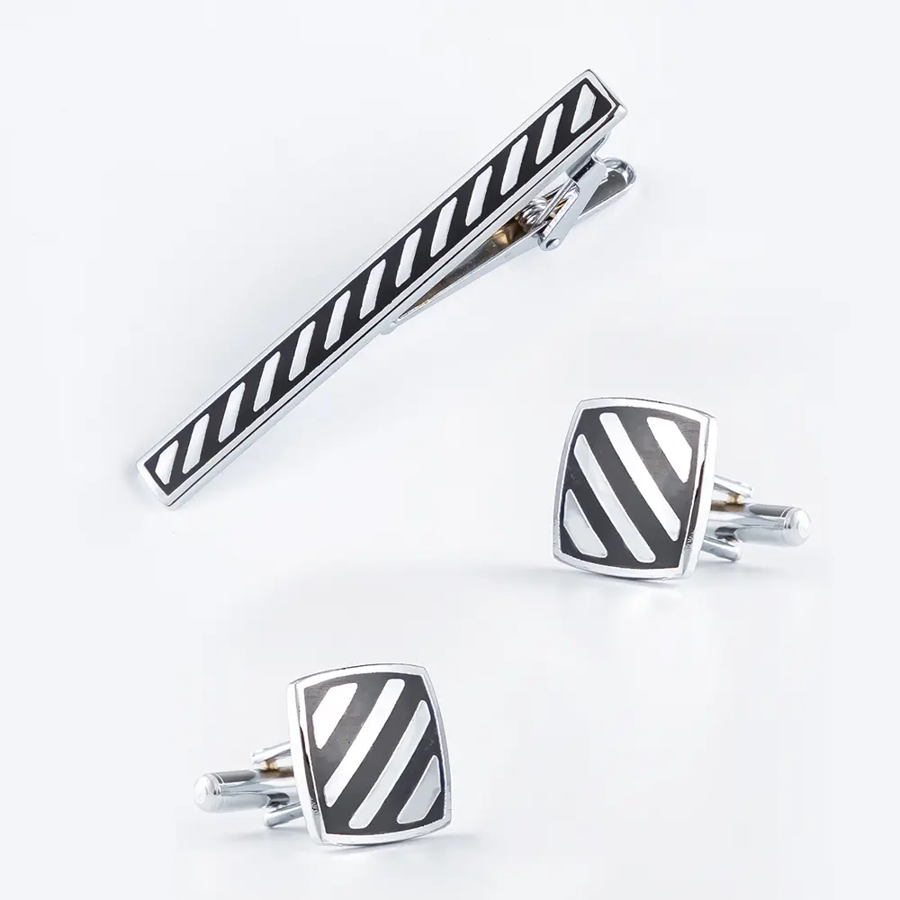Men's Silver Plated Black Twill Enamel Cufflink & Tie Clip Set Business Formal Suit Accessory Kits SC5045