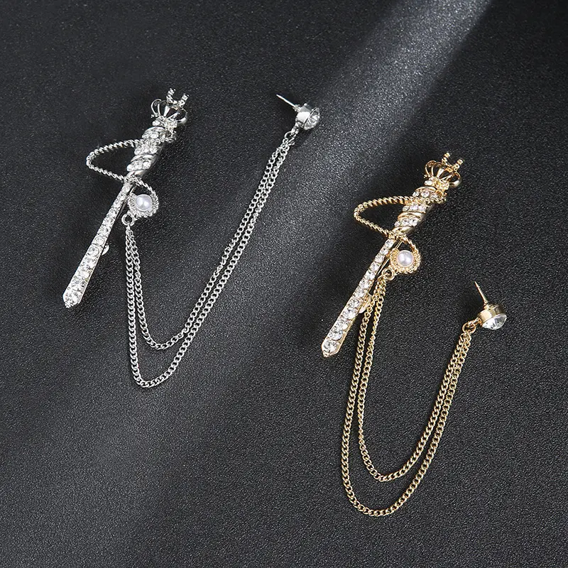 New Design Crystal Rhinestone Brooches Crown King Men's Chain Brooch with Tassel for Suits BC-1020