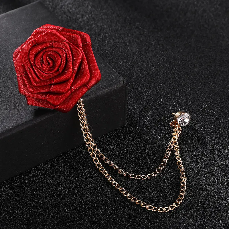 Wholeslae Wedding Rose Flower Brooch with Chain For Groom Men's Cloth Charm Brooch BC-1062
