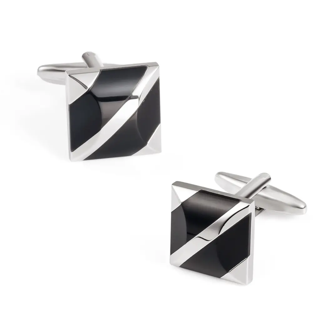 Elegant Silver Black Diagonal Cufflinks Stone I...