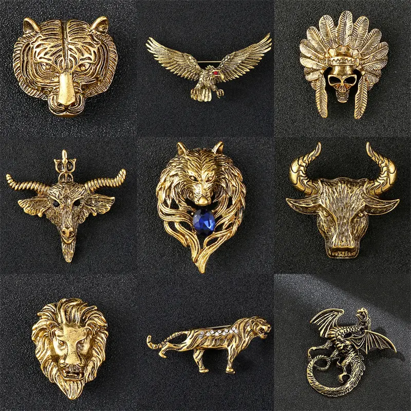Men's Vintage Animal Brooches Eagle, Bull, Dragon, Tiger Shape Fashion Lapel Pins BC-1018