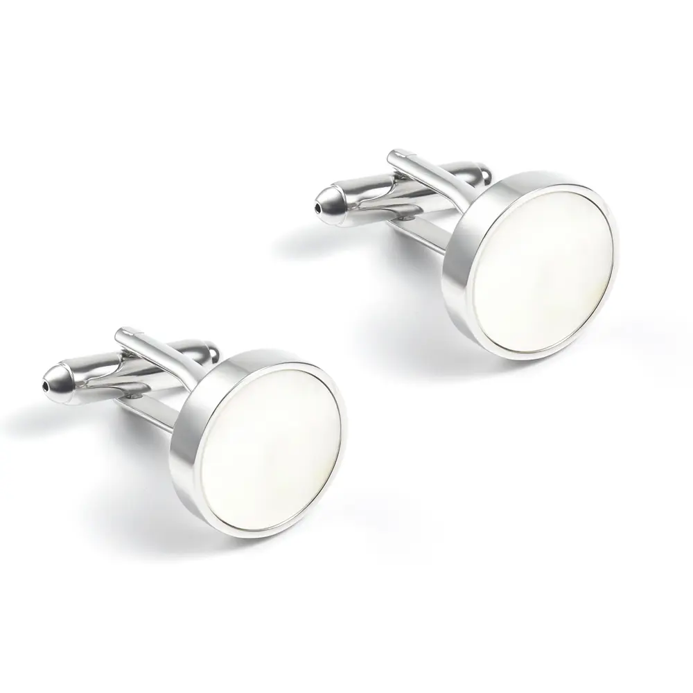 Wedding Best Man Round Cufflinks Luxury Silver Mother of Pearl Formal Cufflink Set